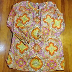 Vivid Paisley Print Silk Tunic Top Blouse Women's Size Small Long Sleeve Pockets